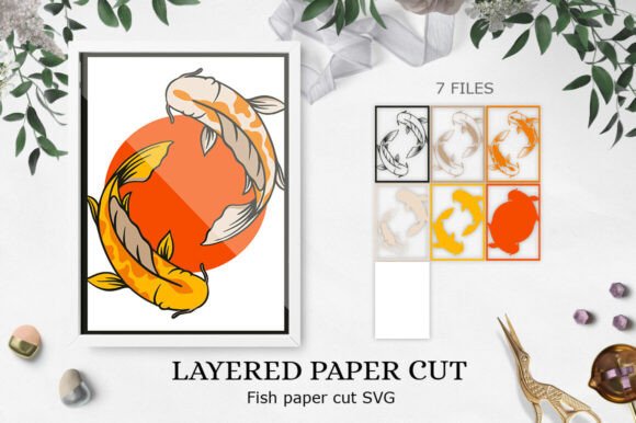Koi Layered Paper Cut 3D Fish Paper for Shadow Boxes & 3D SVG