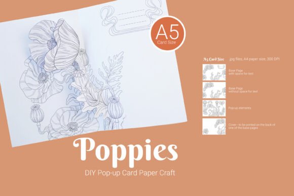 Poppies DIY Coloring Popup Card, 3D SVG Paper Flowers